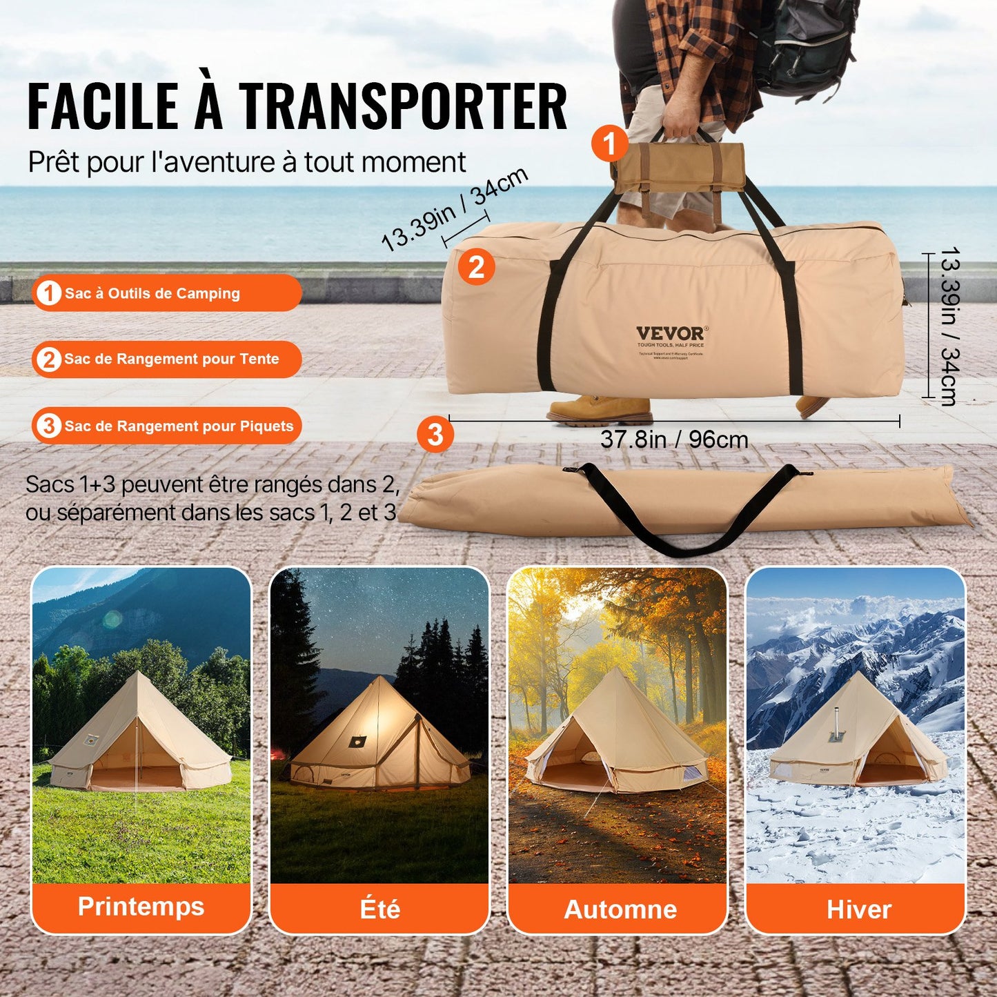 Glockenzelt aus Segeltuch, 5 m/16,4 ft Jurtenzelt für 4 Jahreszeiten, Campingzelt aus Segeltuch mit Ofenrohrdurchführung, atmungsaktives Zelt für bis zu 8 Personen, ideal für Familien-Camping, Outdoor-Aktivitäten und Jagdausflüge