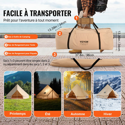 Glockenzelt aus Segeltuch, 5 m/16,4 ft Jurtenzelt für 4 Jahreszeiten, Campingzelt aus Segeltuch mit Ofenrohrdurchführung, atmungsaktives Zelt für bis zu 8 Personen, ideal für Familien-Camping, Outdoor-Aktivitäten und Jagdausflüge