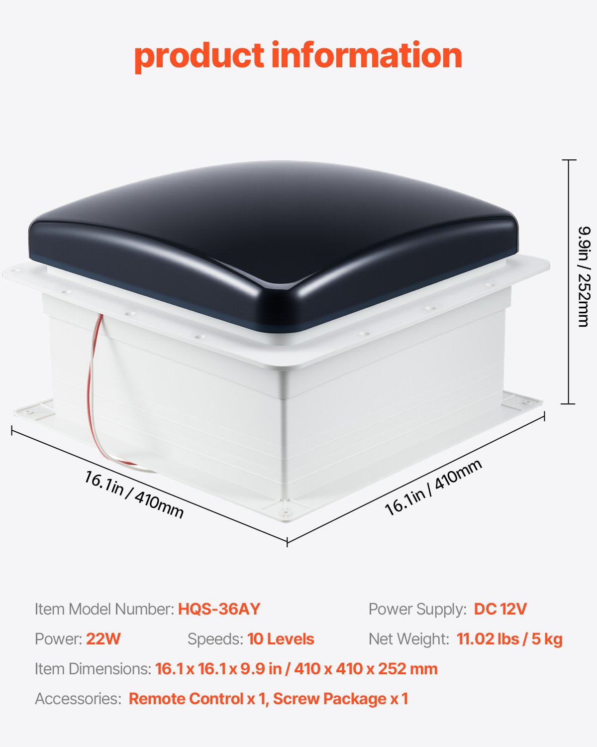 Wohnmobil-Dachlüfter, 14-Zoll-Dachlüfter für Wohnmobile, 12 V, leistungsstarker 10-stufiger reversibler Lüfter mit Fernbedienung, eingebautem Gleichstrommotor, elektrischer Deckel, 12-Zoll-Lüfterflügel, passend für 14 x 14 Zoll große Dachöffnungen