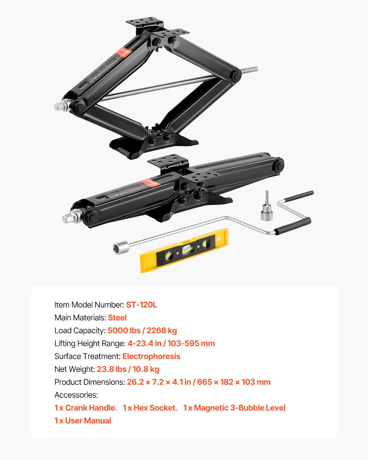 5000 lbs RV Scissor Jacks, 4-23.4 in RV Stabilizer Leveling Scissor Jacks, Set of 2, Heavy Duty Stabilizer Jack with Crank Handle, Socket and Bubble Levels, Not Easily Bent or Deformed