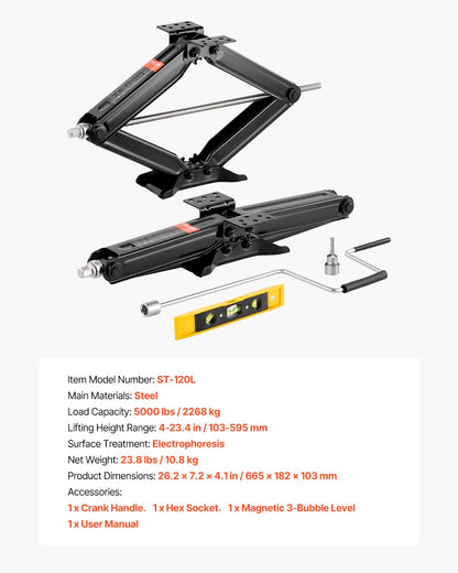 5000 lbs RV Scissor Jacks, 4-23.4 in RV Stabilizer Leveling Scissor Jacks, Set of 2, Heavy Duty Stabilizer Jack with Crank Handle, Socket and Bubble Levels, Not Easily Bent or Deformed