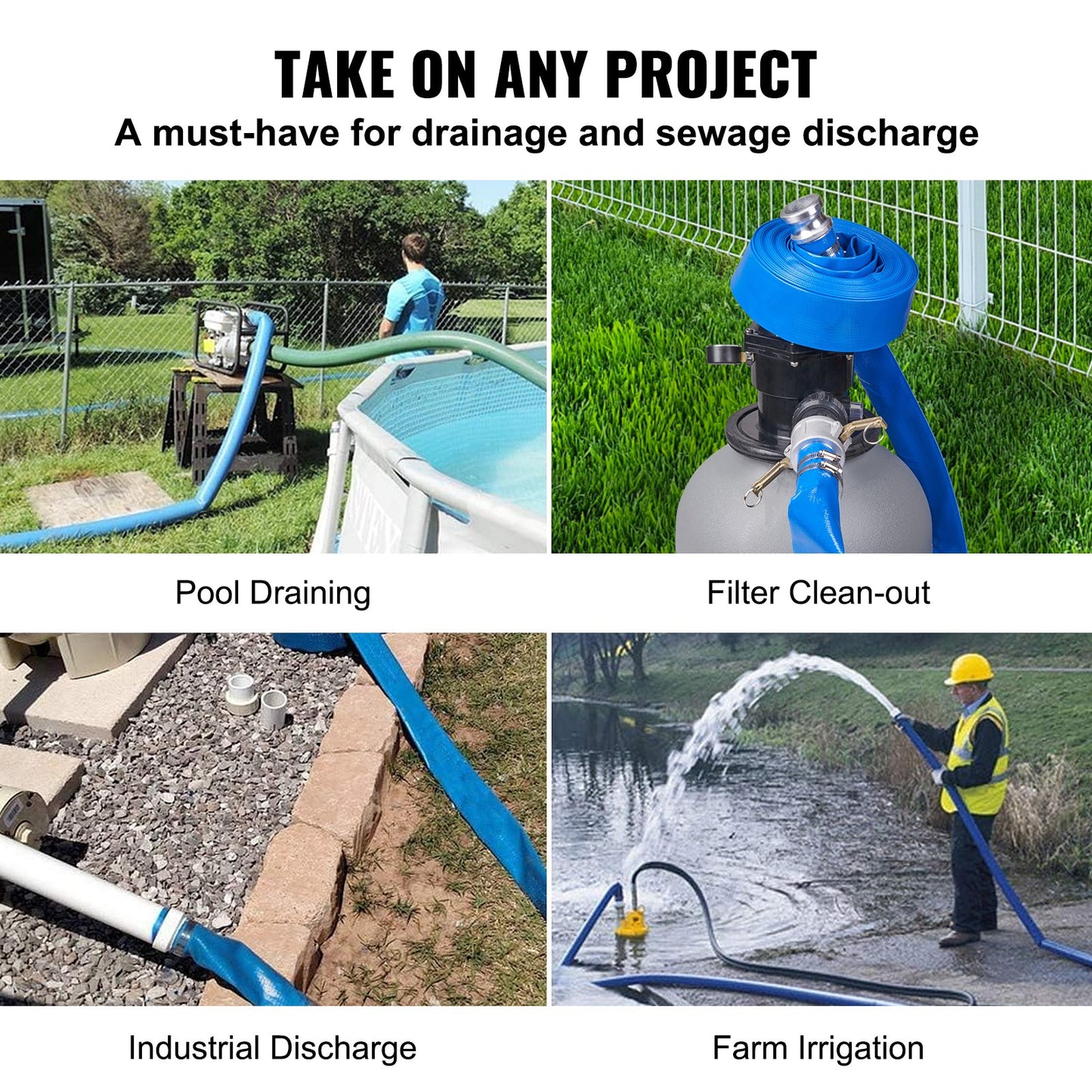 Rückspülschlauch, 2 Zoll x 50 Fuß, robuster PVC-Flachschlauch für Poolabflüsse mit Aluminium-Camlock-Anschlüssen (C &amp; E), Klemmen, kompatibel mit Pumpen und Sandfiltern, für Schwimmbadabwasser, blau