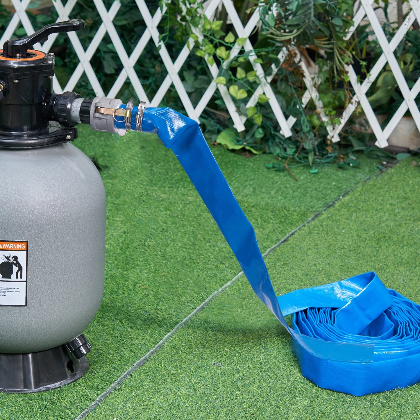 Rückspülschlauch, 2 Zoll x 50 Fuß, robuster PVC-Flachschlauch für Poolabflüsse mit Aluminium-Camlock-Anschlüssen (C &amp; E), Klemmen, kompatibel mit Pumpen und Sandfiltern, für Schwimmbadabwasser, blau