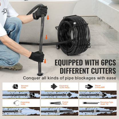 Drain Cleaning Cable 60 FT x 1-1/5 Inch, Professional Sectional Drain Cleaner Cable with 6 Cutters for 2.0" to 7.9" Pipes, Hollow Core Sewer Drain Auger Cable for Sink, Floor Drain, Toilet