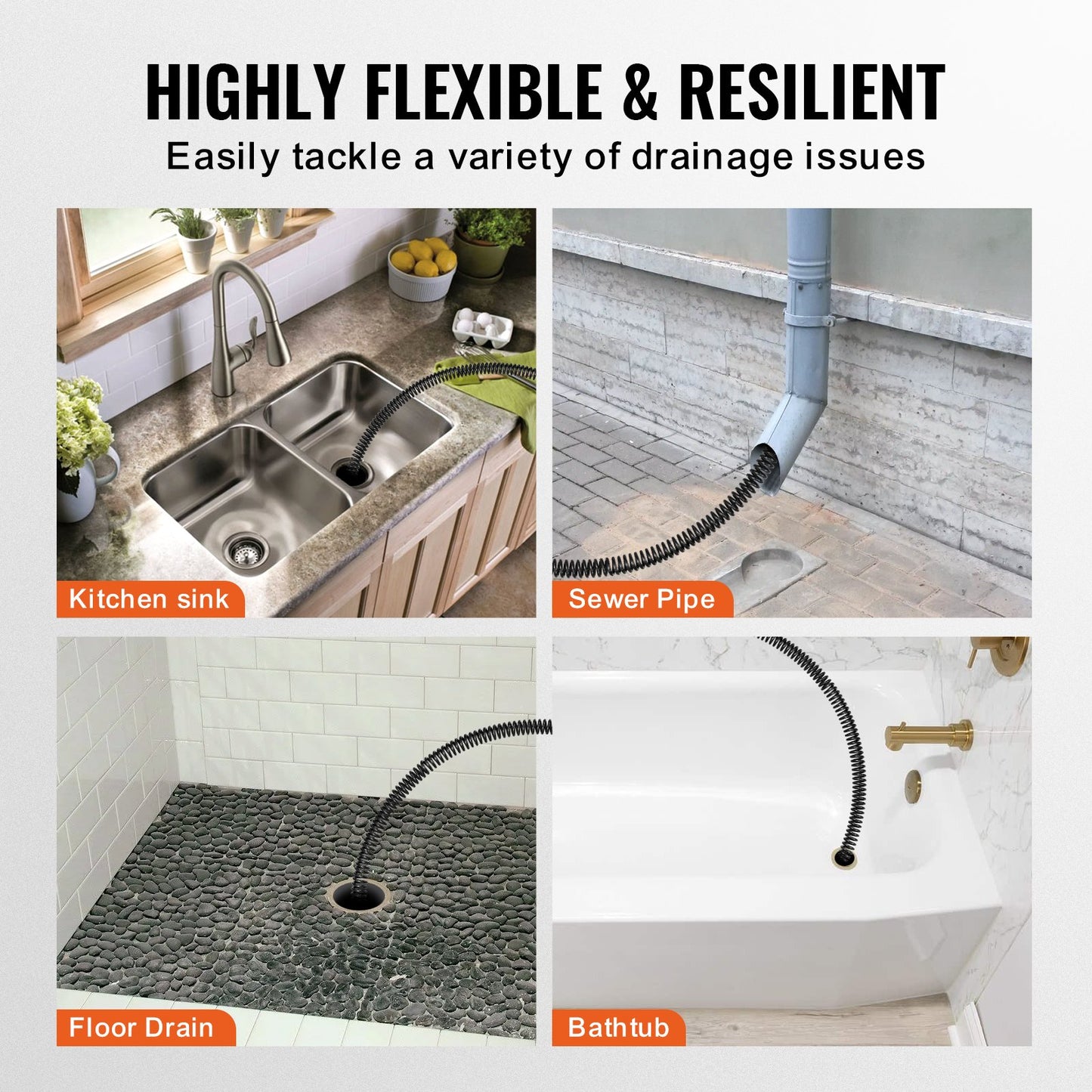 Drain Cleaning Cable 60 FT x 1-1/5 Inch, Professional Sectional Drain Cleaner Cable with 6 Cutters for 2.0" to 7.9" Pipes, Hollow Core Sewer Drain Auger Cable for Sink, Floor Drain, Toilet