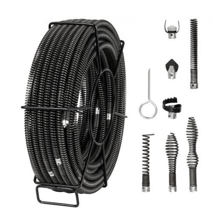 Sectional Drain Cleaning Cable 100FT/30.5 m x 5/8In/1.6 cm & 7 Cutters for 0.8"-3.9"/2-10 cm Pipes
