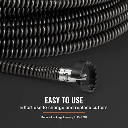 Sectional Drain Cleaning Cable 100FT/30.5 m x 5/8In/1.6 cm & 7 Cutters for 0.8"-3.9"/2-10 cm Pipes