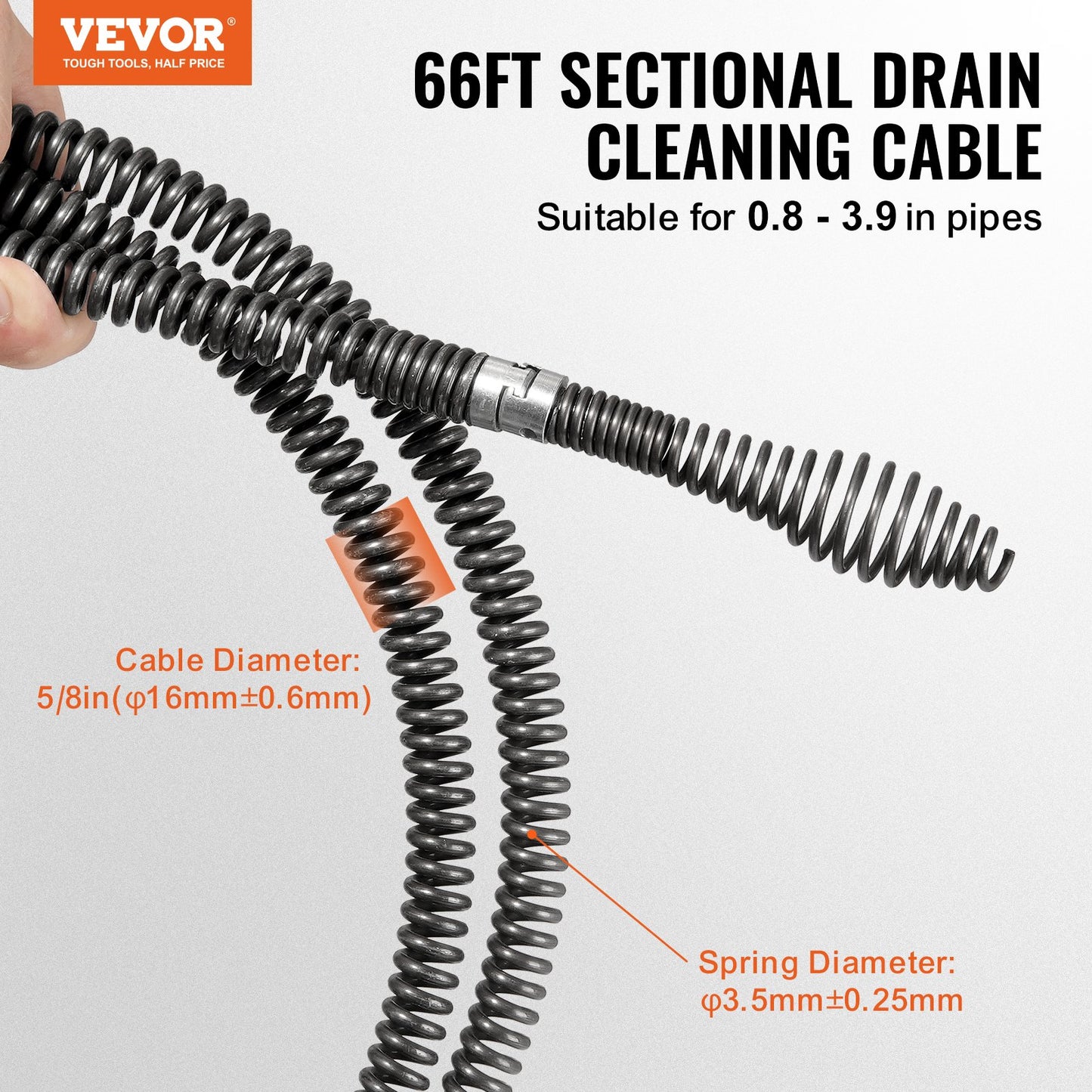 Sectional Drain Cleaning Cable 66FT/20.1 m x 5/8In/1.6 cm & 7 Cutters for 0.8"-3.9"/2-10 cm Pipes