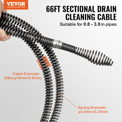 Sectional Drain Cleaning Cable 66FT/20.1 m x 5/8In/1.6 cm & 7 Cutters for 0.8"-3.9"/2-10 cm Pipes