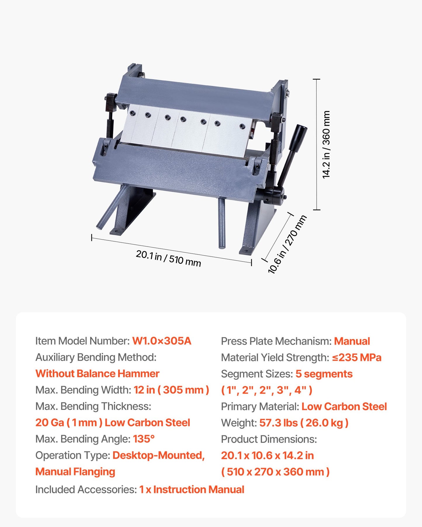 Box and Pan Brake, 305 mm/12 inch Sheet Metal Bending Brake, 20-Gauge Mild Steel Capacity, 0-135 Degree Adjustable, Metal Bender Machine with 5 Fingers, Heavy-Duty Aluminum Folder for Precise Bending