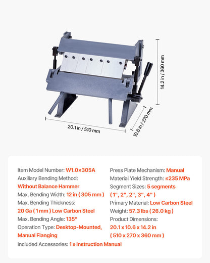 Box and Pan Brake, 305 mm/12 inch Sheet Metal Bending Brake, 20-Gauge Mild Steel Capacity, 0-135 Degree Adjustable, Metal Bender Machine with 5 Fingers, Heavy-Duty Aluminum Folder for Precise Bending