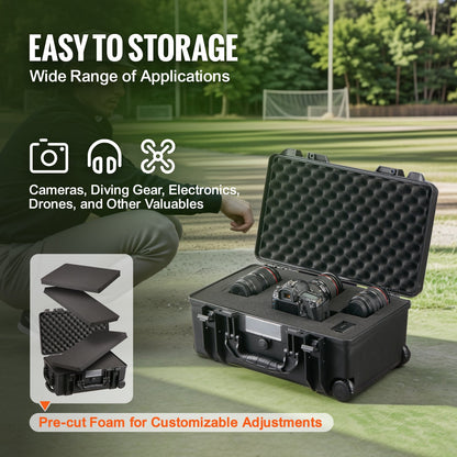 Weatherproof Hard Case, Heavy Duty Protective Dry Box Case with Pre-cut Foam, Wheels & Retractable Pull Handles for Travel, Hunt, Military, Tactical, IP67 Waterproof Case for Cameras (64x51x25)