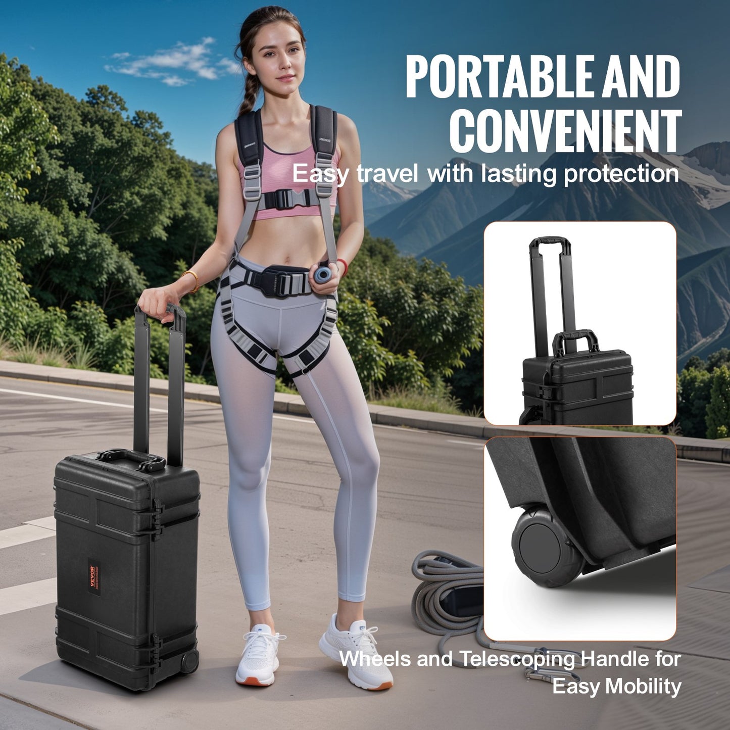 Weatherproof Hard Case, Heavy Duty Protective Dry Box Case with Pre-cut Foam, Wheels & Retractable Pull Handles for Travel, Hunt, Military, Tactical, IP67 Waterproof Case for Cameras (64x51x25)