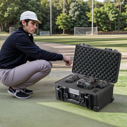 Weatherproof Hard Case, Heavy Duty Protective Dry Box Case with Pre-cut Foam, Wheels & Retractable Pull Handles for Travel, Hunt, Military, Tactical, IP67 Waterproof Case for Cameras (64x51x25)