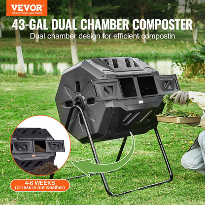 Compost Bin, 162.8 L Dual Chamber Composting Tumbler, Large Tumbling Rotating Composter with 2 Sliding Doors and Steel Frame, BPA Free Composter Bin Tumbler for Garden, Kitchen, Yard, Outdoor