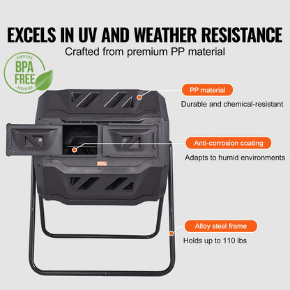 Compost Bin, 162.8 L Dual Chamber Composting Tumbler, Large Tumbling Rotating Composter with 2 Sliding Doors and Steel Frame, BPA Free Composter Bin Tumbler for Garden, Kitchen, Yard, Outdoor