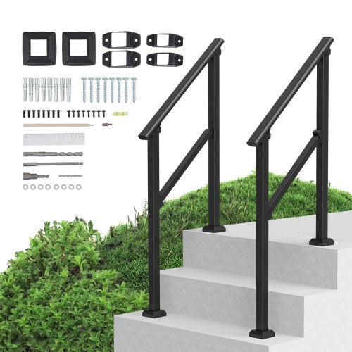 Handrails for Outdoor Steps, 2 PCS 2-3 Step Stair Hand Rail Kit, Transitional Carbon Steel Railings with Installation Kit, Stair Rails for Seniors, Concrete & Porch & Deck, Black Square Tube