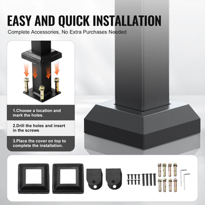 Outdoor Handrails for Steps, 2-3 Step Stair Rail Kit, Black Square Tube with Horizontal Bar, Carbon Steel Support Rails for Seniors, Concrete & Deck Stairs, Easy Installation