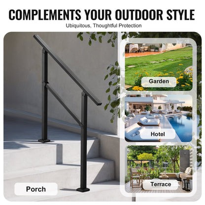Outdoor Handrails for Steps, 2-3 Step Stair Rail Kit, Black Square Tube with Horizontal Bar, Carbon Steel Support Rails for Seniors, Concrete & Deck Stairs, Easy Installation