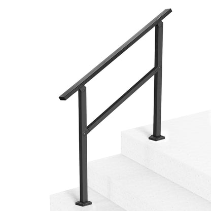 Outdoor Handrails for Steps, 2-3 Step Stair Rail Kit, Black Square Tube with Horizontal Bar, Carbon Steel Support Rails for Seniors, Concrete & Deck Stairs, Easy Installation