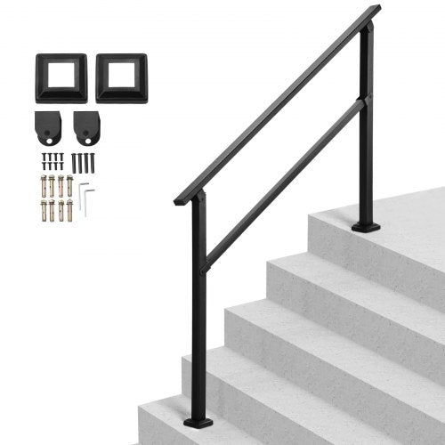 Outdoor Handrails for Steps, 4-5 Step Stair Rail Kit, Black Square Tube with Horizontal Bar, Carbon Steel Support Rails for Seniors, Concrete & Deck Stairs, Easy Installation