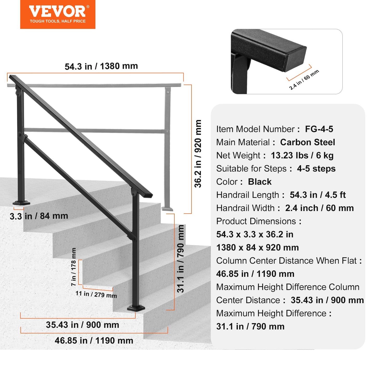 Outdoor Handrails for Steps, 4-5 Step Stair Rail Kit, Black Square Tube with Horizontal Bar, Carbon Steel Support Rails for Seniors, Concrete & Deck Stairs, Easy Installation