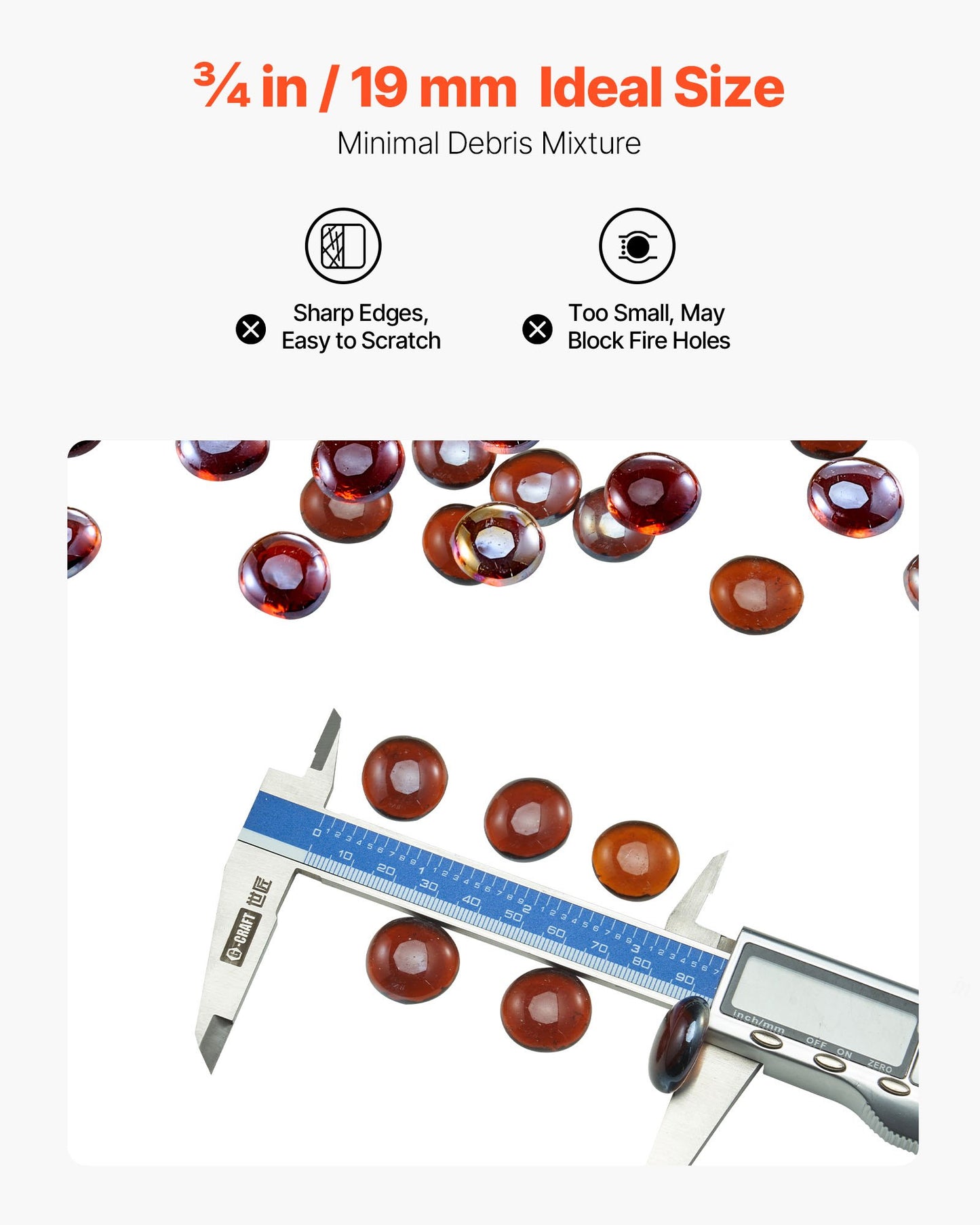 Feuerglas, 4,5 kg (10 lbs) hitzebeständige Kaminsteine, 19,05 mm (3/4 Zoll) große, reflektierende und rauchfreie Glasperlen für Feuerstellen, hochglänzende Steinelemente für Feuertische, sattes Bernstein.