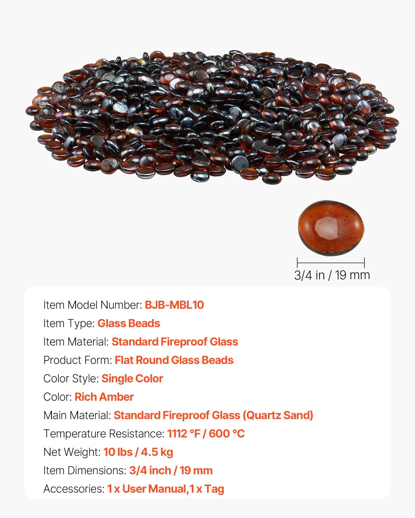 Feuerglas, 4,5 kg (10 lbs) hitzebeständige Kaminsteine, 19,05 mm (3/4 Zoll) große, reflektierende und rauchfreie Glasperlen für Feuerstellen, hochglänzende Steinelemente für Feuertische, sattes Bernstein.