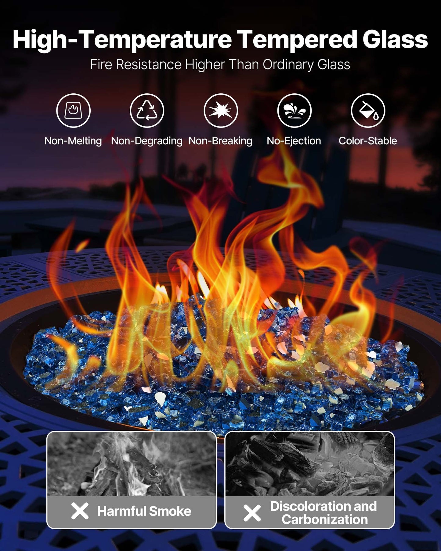 Fire Glass, 10LBS / 4.5KG High-Temperature Resistant Fireplace Rocks, 1/2-Inch / 12.7 mm Reflective & Smokeless Firepit Glass Rock, High Luster Stone Landscaping for Fire Pit Table, Pacific Blue
