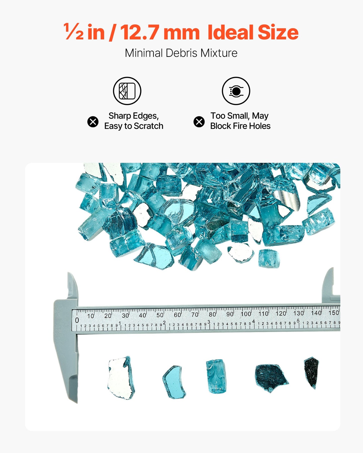 Feuerglas, 9 kg (20 lbs), hitzebeständige Kaminsteine, 12,7 mm (1/2 Zoll), reflektierend und rauchfrei, hochglänzende Steine ​​für die Feuerstellengestaltung, Aquablau
