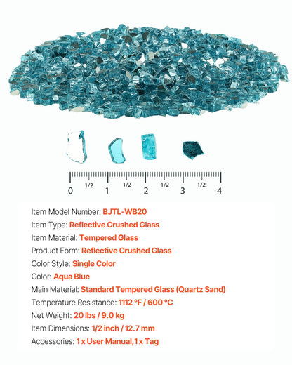 Feuerglas, 9 kg (20 lbs), hitzebeständige Kaminsteine, 12,7 mm (1/2 Zoll), reflektierend und rauchfrei, hochglänzende Steine ​​für die Feuerstellengestaltung, Aquablau
