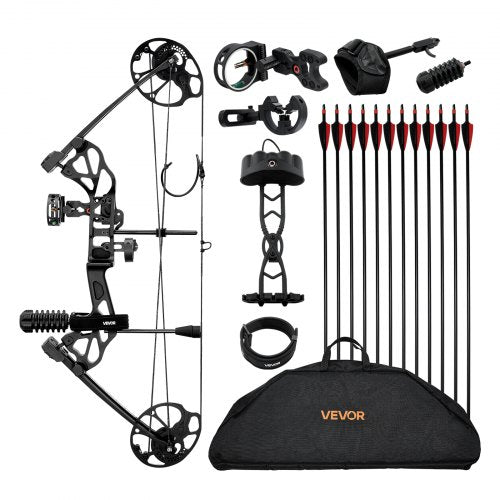 Compoundbogen-Set für Anfänger, verstellbare Auszugslänge 19–30 Zoll, 19–70 lbs Zuggewicht, inklusive Pfeilen, Rechtshänder-Set mit Jagdausrüstung, 320 fps, Schwarz