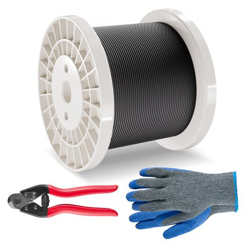 Drahtseil-Set, 1/8" (3,2 mm) 500 Fuß (152,4 m) Edelstahlseil 316 mit Schneidgerät und Handschuhen, Bruchfestigkeit 1600 lbs (726 kg), 7x7-litziger Kern, Marine- und Flugzeugqualität, für Handläufe, Treppen, Terrassen, Zäune und Außenbereiche, Schwarz