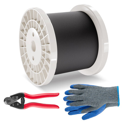 Drahtseil-Set, 1/8" (3,2 mm) 500 Fuß (152,4 m) Edelstahlseil 316 mit Schneidgerät und Handschuhen, Bruchfestigkeit 1600 lbs (726 kg), 7x7-litziger Kern, Marine- und Flugzeugqualität, für Handläufe, Treppen, Terrassen, Zäune und Außenbereiche, Schwarz