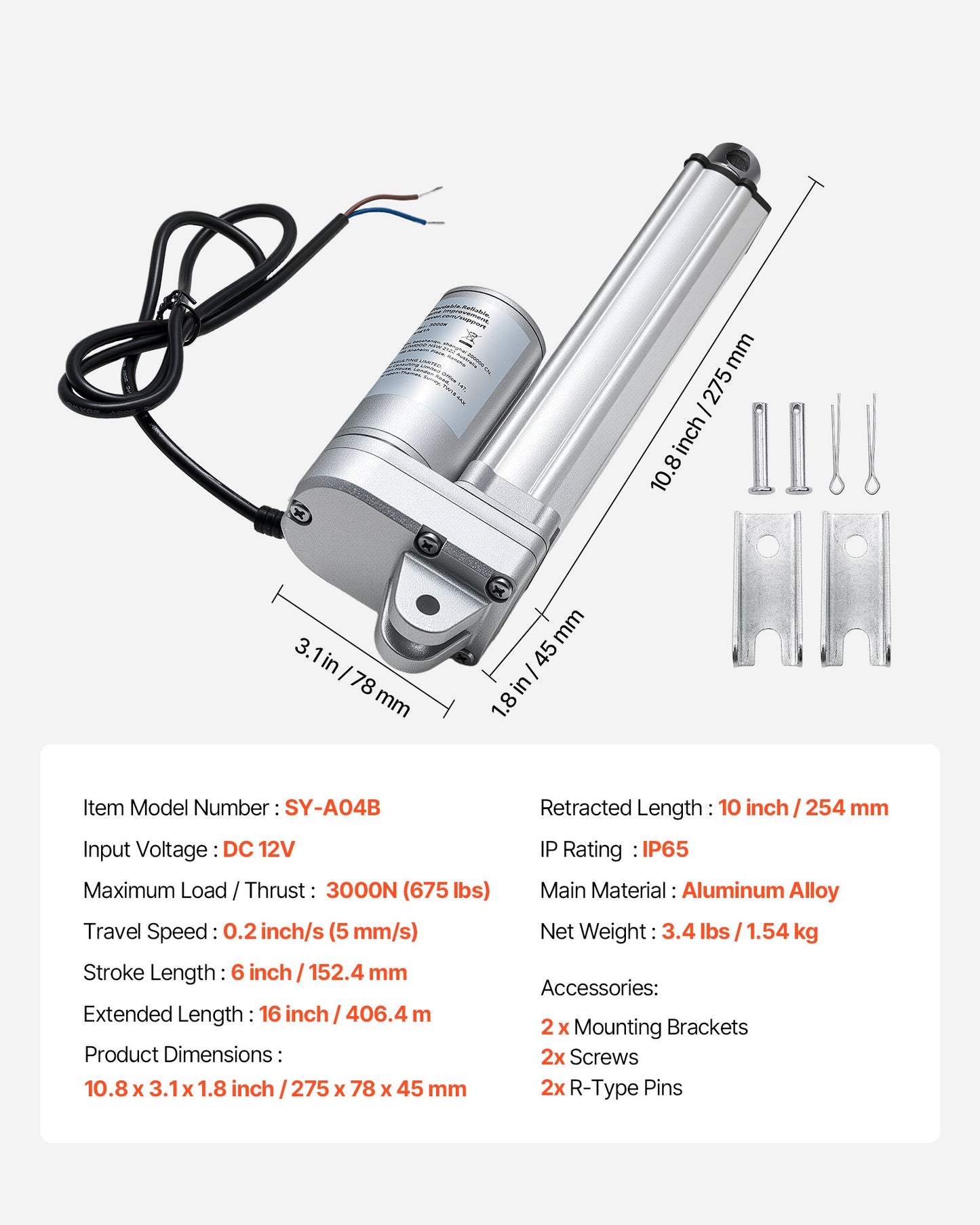 12V Linear Actuator, 152.4mm Stroke IP65 Waterproof Linear Actuator, 3000N 5mm/s Motion Actuators with Mounting Brackets for Solar Trackers, Industrial Machinery, Door Opener