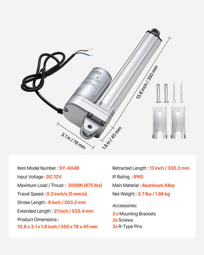 12V Linear Actuator, 203.2mm Stroke IP65 Waterproof Linear Actuator, 675lbs/3000N 0.2"/s Motion Actuators with Mounting Bracket for Solar Trackers, Industrial Machinery, Door Opener