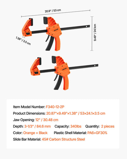 Bar Clamps for Woodworking, 2-Pack 30.48 cm One-Handed Clamp/Spreader, Quick-Grip F-Clamp with 154 kg Load Limit, Premium Plastic and Carbon Steel, for Woodworking Metal working, Orange + Black