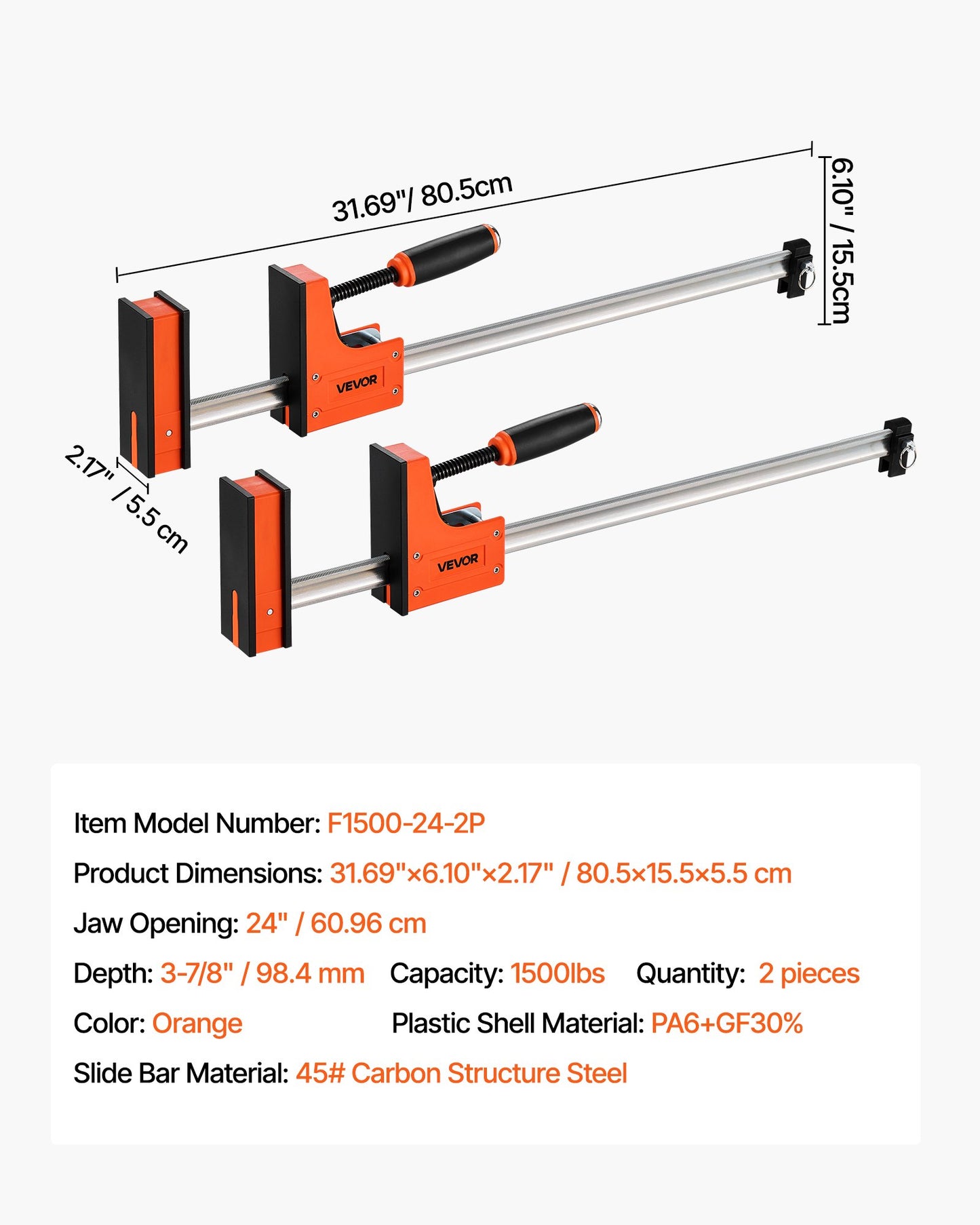 Bar Clamps for Woodworking, 2-Pack 60.96 cm Parallel Clamp Set, F-Clamp with 680 kg Load Limit, Even Pressure, High-strength Plastic and Carbon Steel, for Woodworking Metal Working, Orange