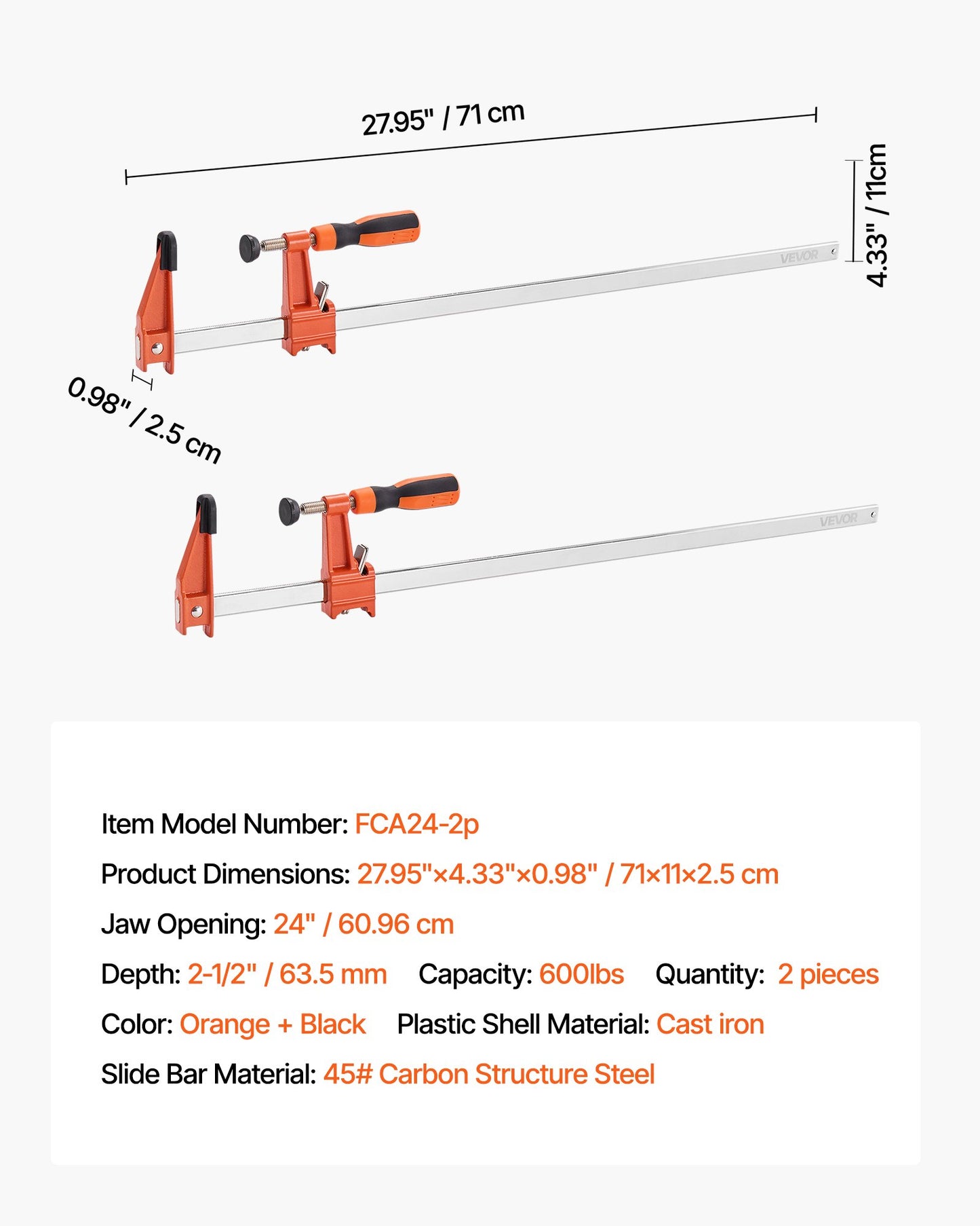 Bar Clamps for Woodworking, 2-Pack 61 cm Opening, Lockable F-Clamp with 272 kg Load Limit, 63.5 mm Depth, Cast Iron and Carbon Steel, Easy to Use, Wood Clamps for Woodworking Metal Working