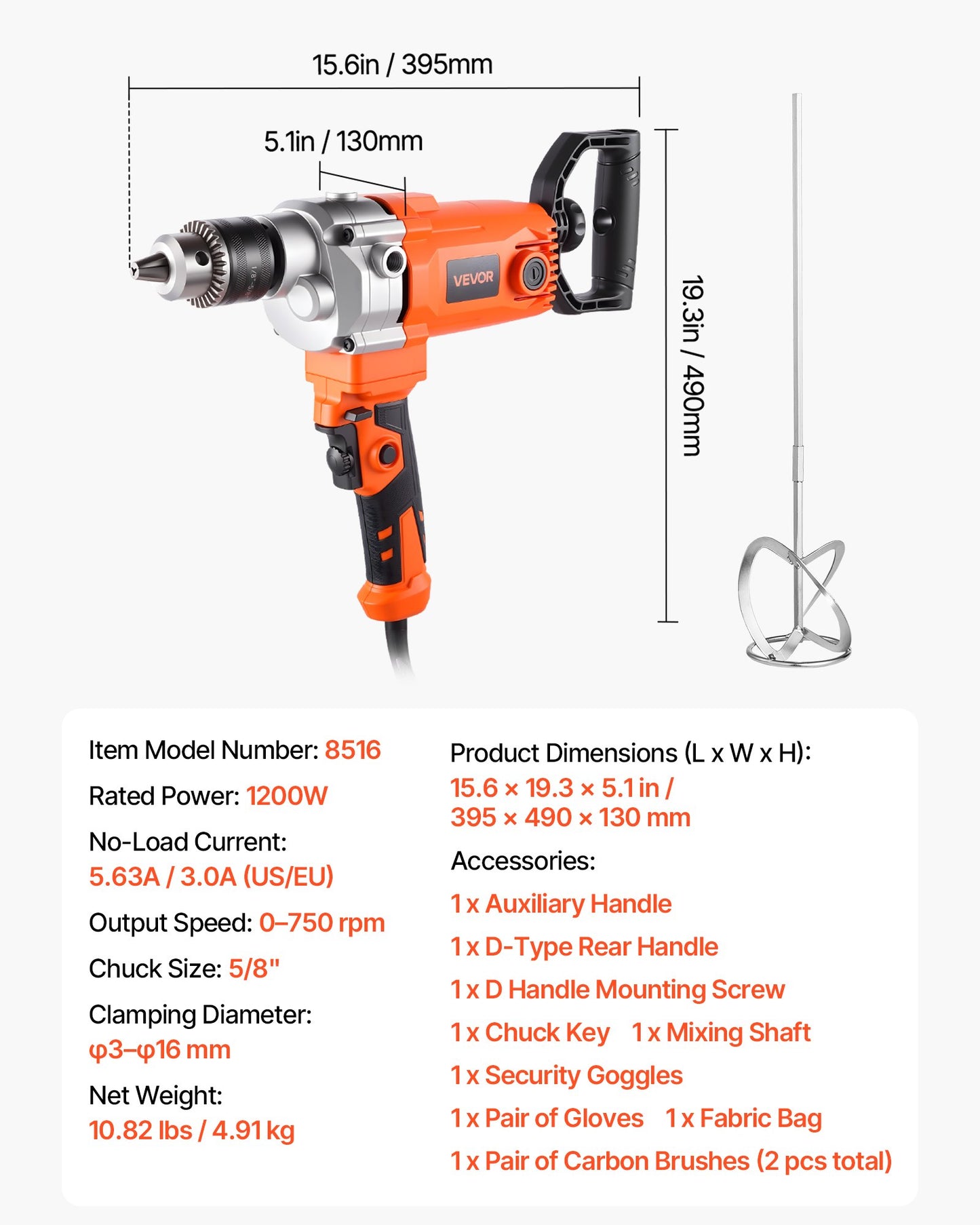 Drill Mixer, 15.89mm Corded Electric Drill Mixer Set, 0-750RPM 3A Mixing Drills, Mixing Drills Machine with D-Handle for Drilling & Blending, Handheld Cement Mixers for Fodder, Paint, Cement