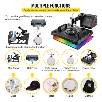 VEV Heat Press 5 in 1 Heat Press Machine 38x30cm T-shirt Press Mug Printing Machine Multifuctional Heat Transfer Machine for T-shirt Mug Hat Plate Transfer Printer