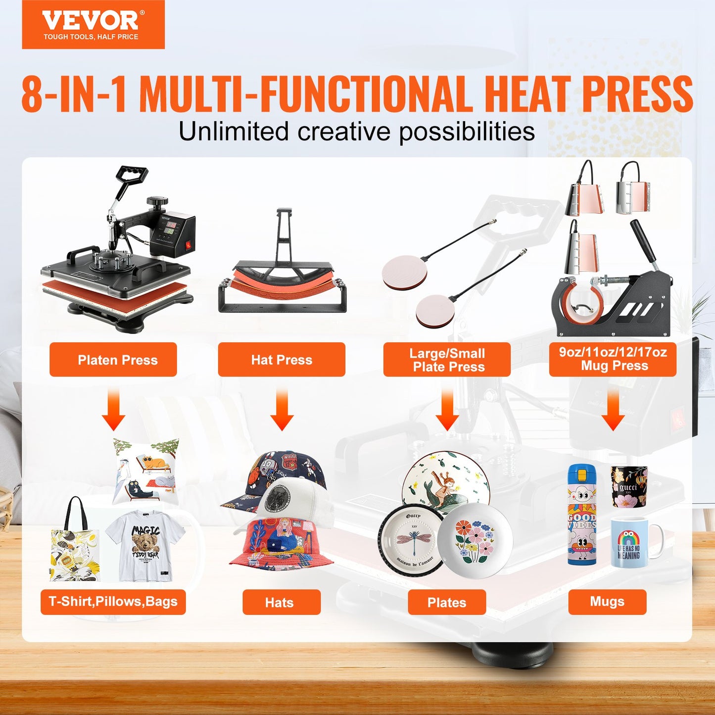VEV Heat Press 8 in 1 Heat Press Machine 38x30cm T-shirt Press Mug Printing Machine Multifuctional Heat Transfer Machine for T-shirt Mug Hat Plate Sublimation Printing