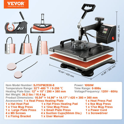 VEV Heat Press 8 in 1 Heat Press Machine 38x30cm T-shirt Press Mug Printing Machine Multifuctional Heat Transfer Machine for T-shirt Mug Hat Plate Sublimation Printing