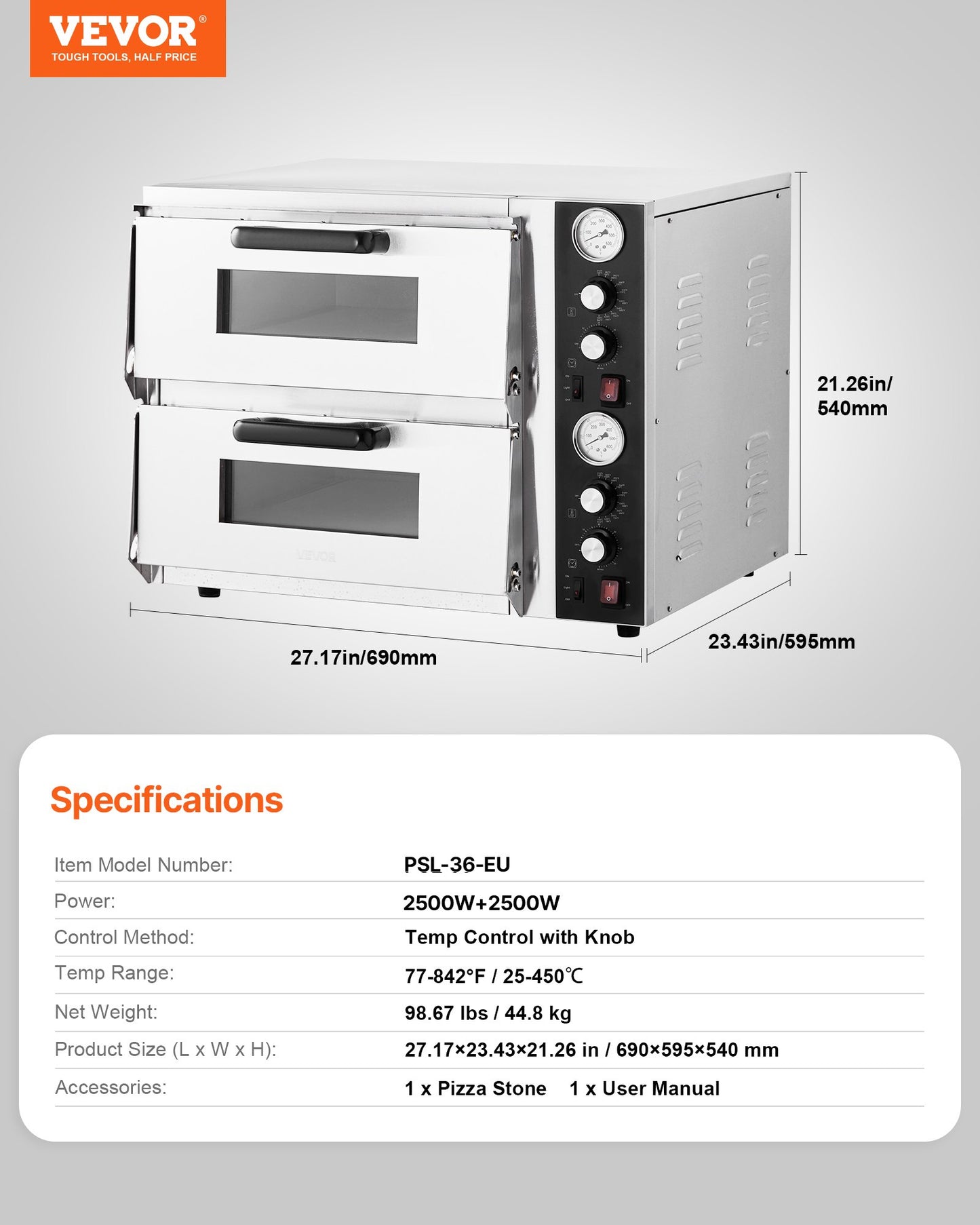Elektrische Pizzabrötchen, 45 cm großes, doppeltes Backblech, max. Temperatur 290°C, eingeschaltete Pizzabäckerei mit Thermometer, obere Temperaturkontrolle und Timer zum Backen | EU