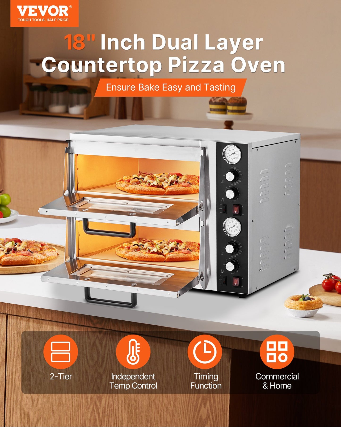 Elektrische Pizzabrötchen, 45 cm großes, doppeltes Backblech, max. Temperatur 290°C, eingeschaltete Pizzabäckerei mit Thermometer, obere Temperaturkontrolle und Timer zum Backen | EU