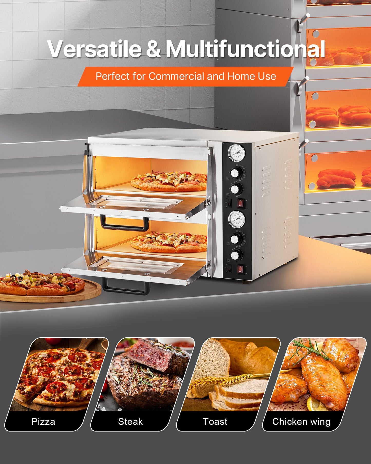 Elektrische Pizzabrötchen, 45 cm großes, doppeltes Backblech, max. Temperatur 290°C, eingeschaltete Pizzabäckerei mit Thermometer, obere Temperaturkontrolle und Timer zum Backen | EU
