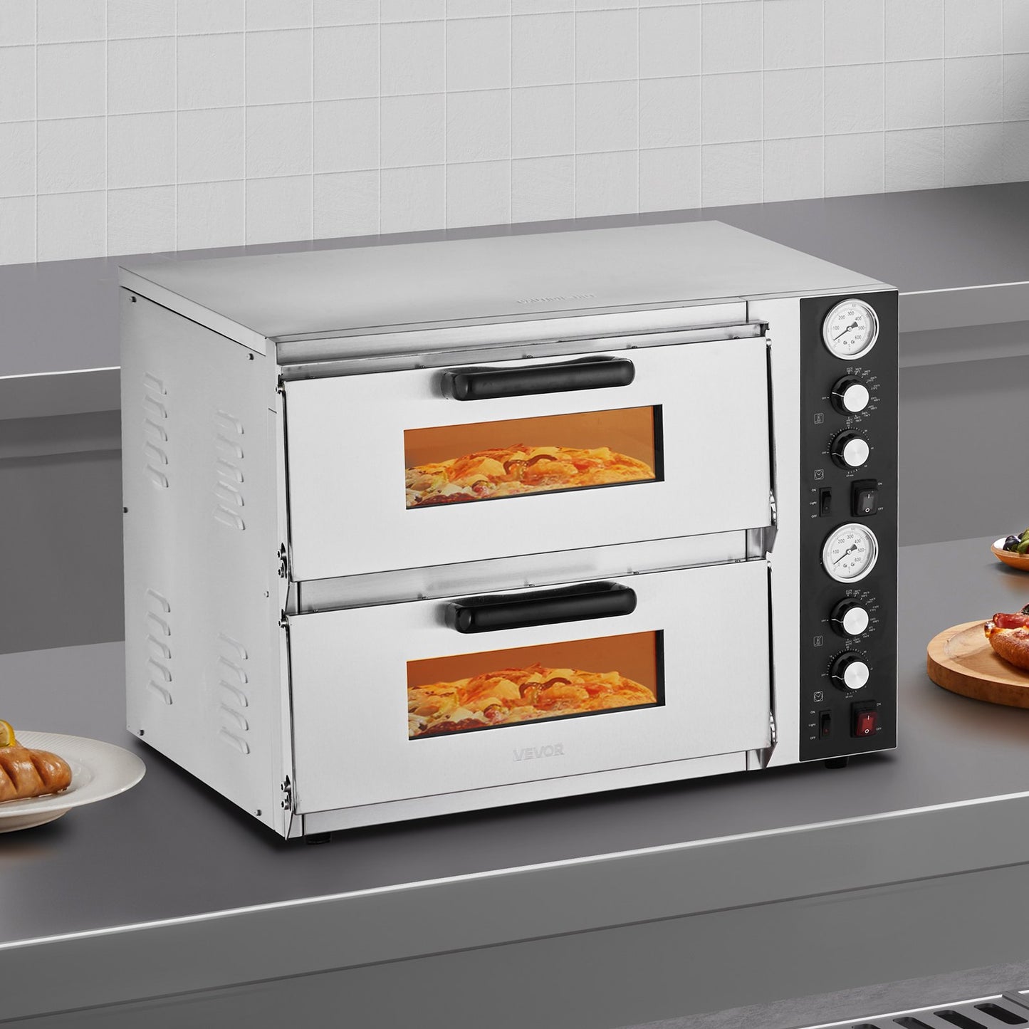 Elektrische Pizzabrötchen, 45 cm großes, doppeltes Backblech, max. Temperatur 290°C, eingeschaltete Pizzabäckerei mit Thermometer, obere Temperaturkontrolle und Timer zum Backen | EU