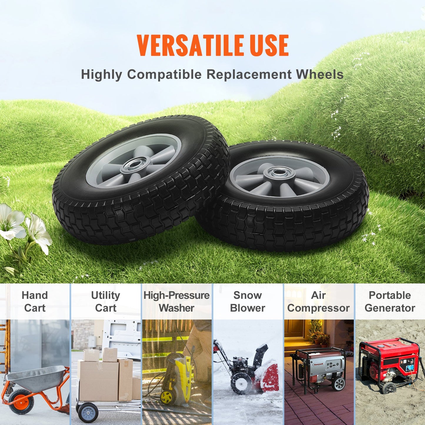 Solid PU Run-Flat Tire Wheel, 25.4 cm, 2-Pack, 81.6 kg Dynamic Load, 99.8 kg Static Load, Flat Free Tubeless Tires and Wheels for Hand Truck, Utility Cart, Dollies, Garden Trailers, Various Carts