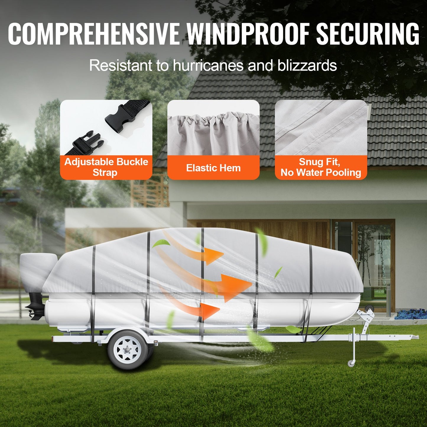 Pontoon Boat Cover, 23'-24' Waterproof Trailerable Pontoon Cover, 800D Marine Grade PU Oxford Fabric, with Motor Cover, 16 Windproof Buckle Straps, Fits for 23'-24'L, Beam Width to 102", Grey