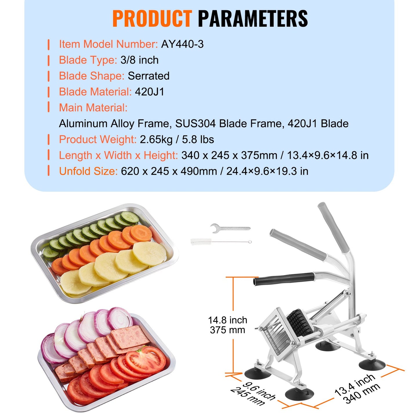 Commercial Vegetable Slicer, 3/8 inch Fruit Slicer, Stainless Steel and Aluminum Alloy Vegetable Cutter Slicer Machine, Manual Slicer with Non-slip Feet, for Radishes, Onions, Potatoes, Lemons